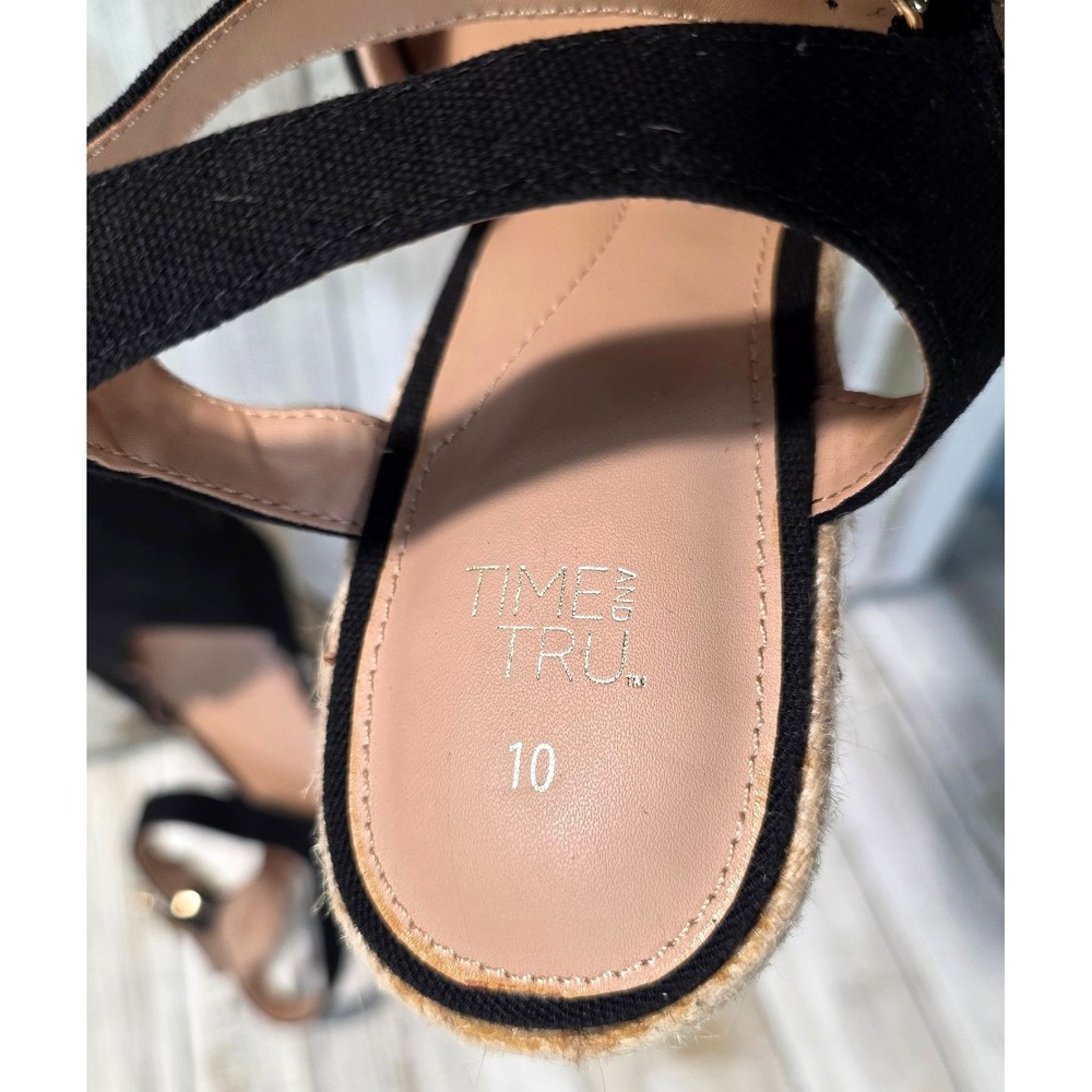 Time and Tru Black Espadrille Wedge Sandals Ankle Strap Square Toe Women Size 10 - Picture 6 of 7
